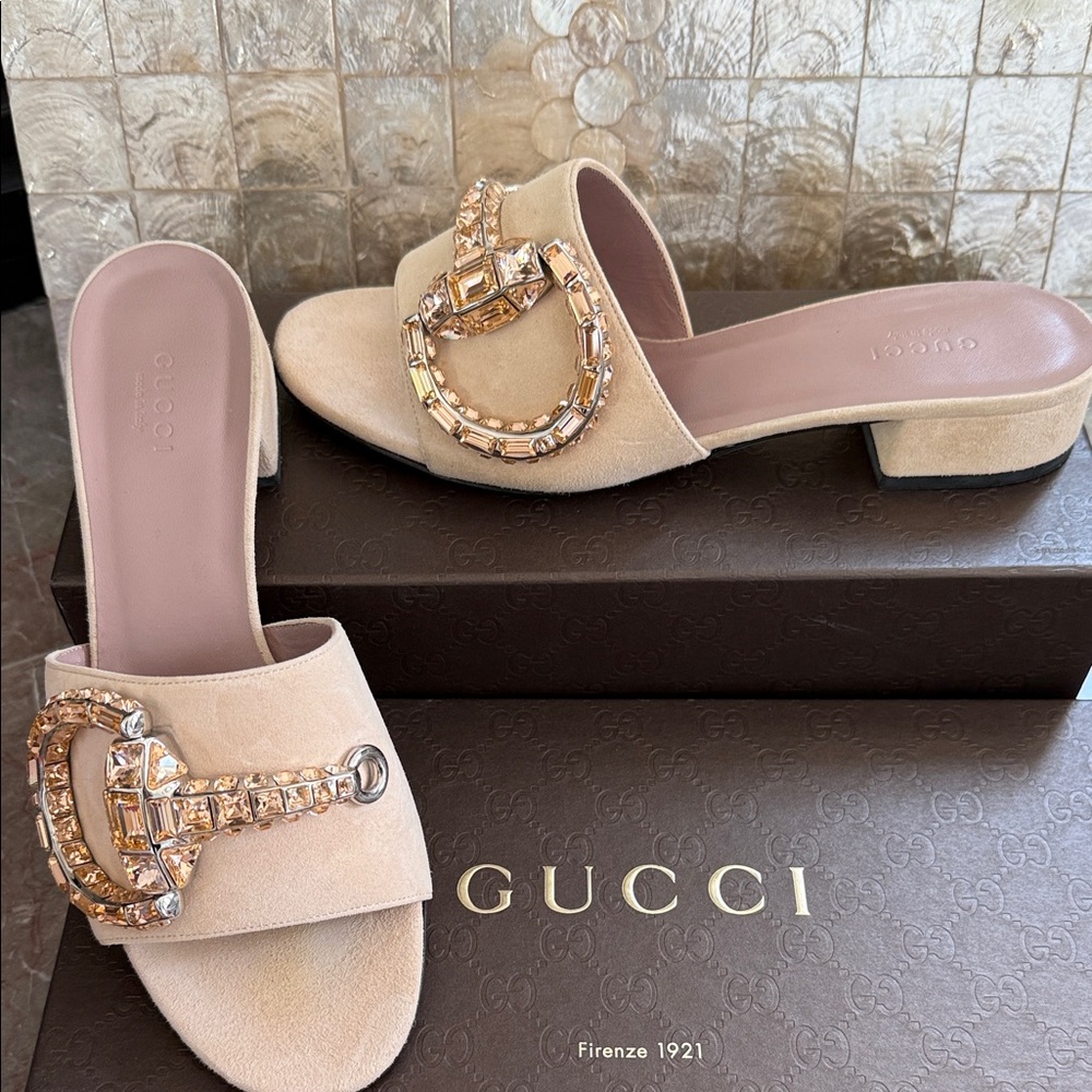 Gucci Women's Pale Peach/Beige Suede Crystal Embellished Mules/Slides Size 38